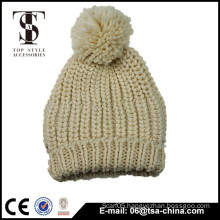 Beige color women classic winter acrylic knitted hat pom pom beanie